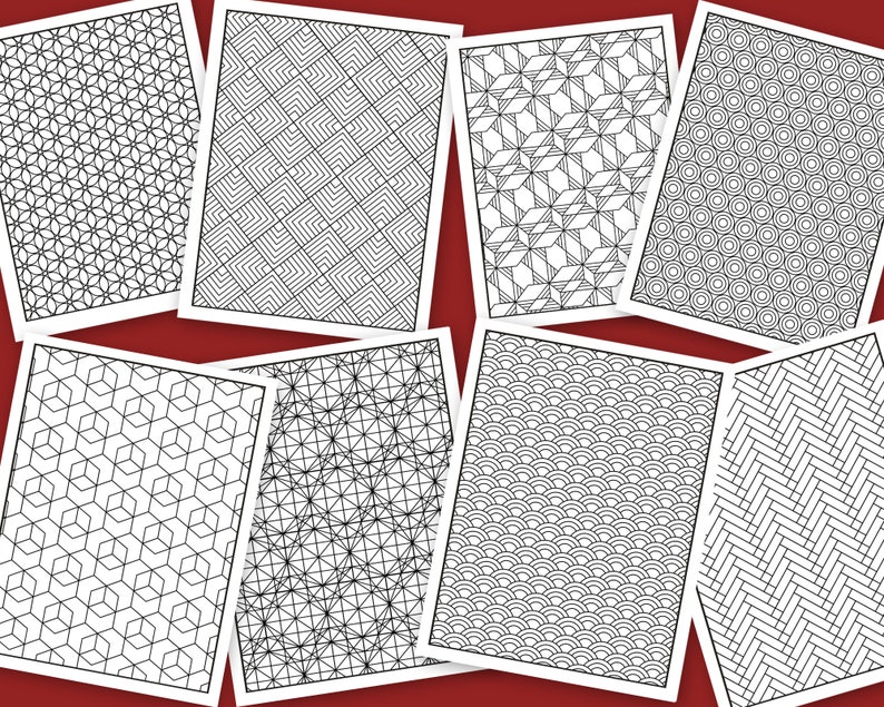 May include: Eight black and white geometric patterns on a red background. The patterns are all different and include squares, circles, and triangles.