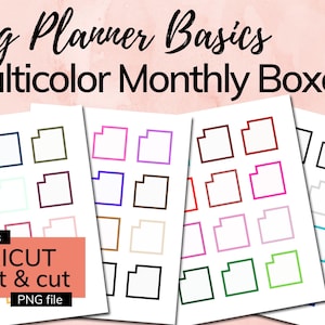 May include: A set of printable monthly planner boxes in various colors. The boxes are designed for use with a Cricut cutting machine. The text "includes Cricut print & cut PNG file" is included in the image.