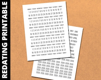 Printable Days, Number, dates & Month Planner Stickers - Repurpose old or undated planners and Journals