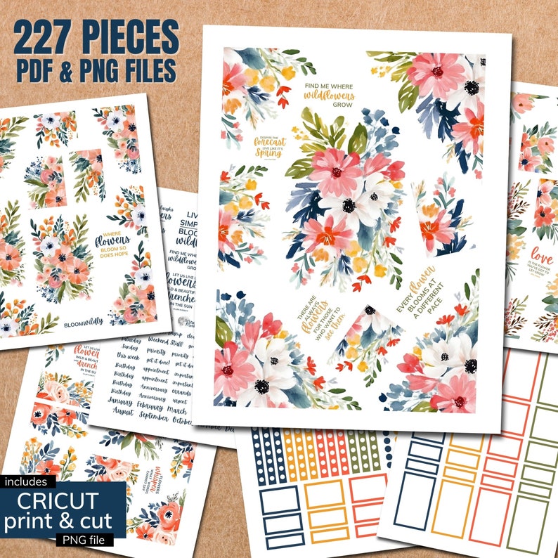 May include: A set of 227 digital planner stickers featuring watercolor floral designs in shades of pink, blue, and yellow. The stickers include quotes about flowers, spring, and love. The stickers are designed for use with Cricut print and cut machines.