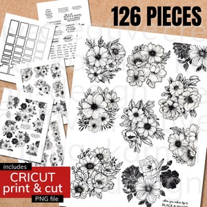 Black and White Floral Planner Stickers | Happy Planner, Cricut Ready (PDF & PNG)