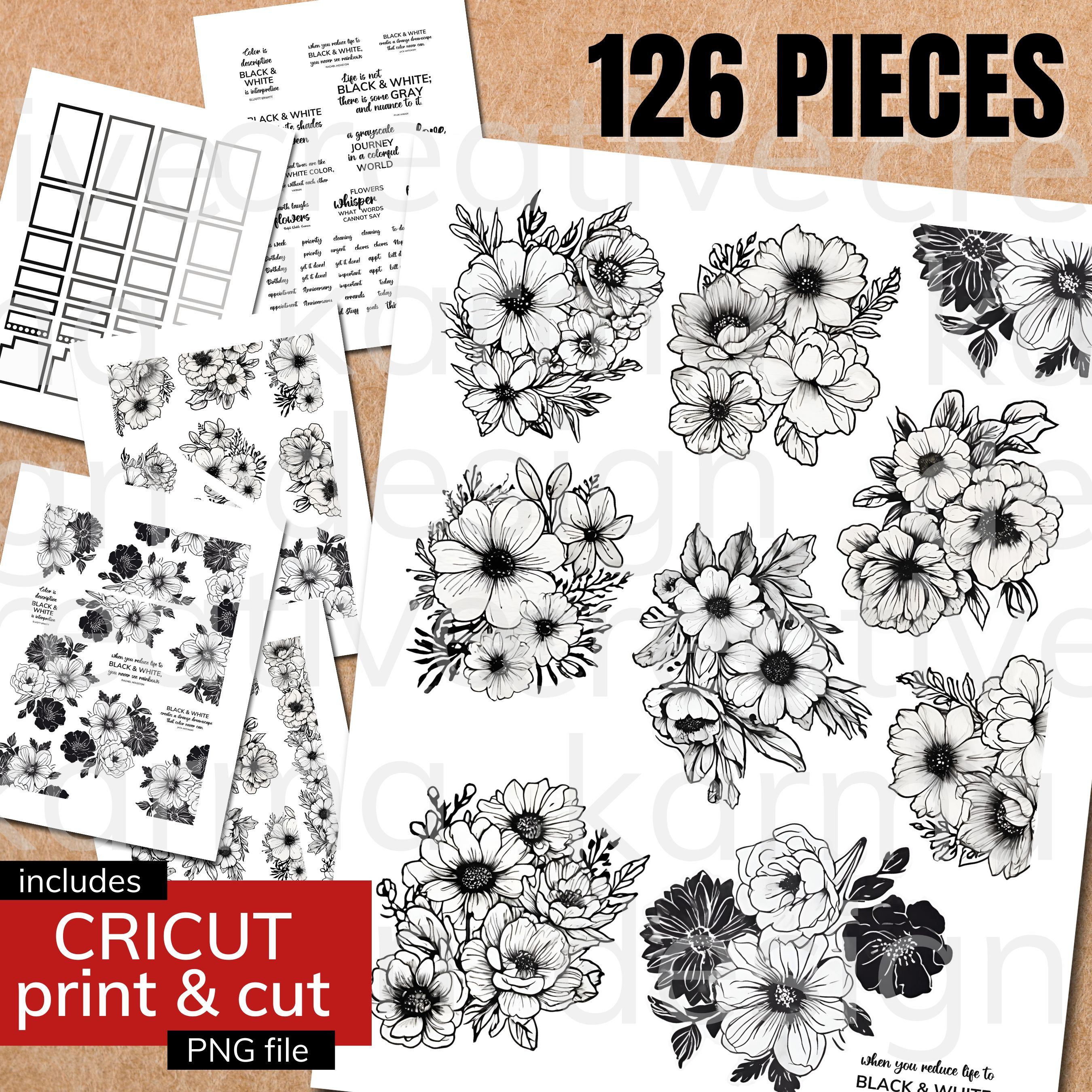 Black and White Floral Planner Stickers | Happy Planner, Cricut Ready ...