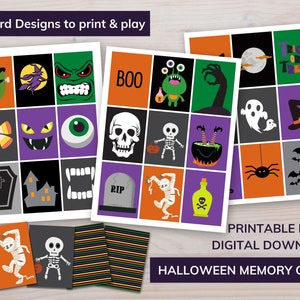 May include: A printable Halloween memory game featuring 27 card designs with illustrations of monsters, ghosts, skeletons, mummies, pumpkins, and bats. The cards are displayed on three sheets with orange, purple, black, and green backgrounds. Text includes "27 Card Designs to print & play", "BOO", "TRICK OR TREAT", "RIP", "PRINTABLE PDF", "DIGITAL DOWNLOAD", and "HALLOWEEN MEMORY GAME".