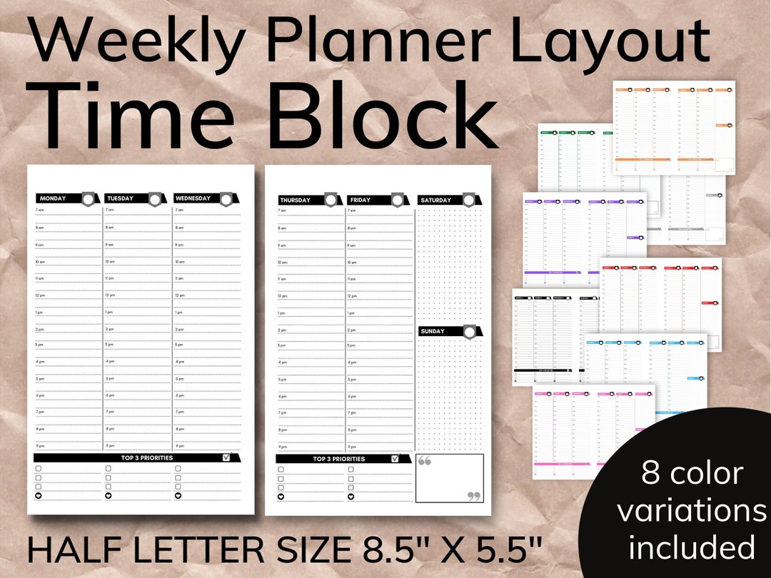 Half Letter Planner Inserts Printable - 8 Color Variations Included ...