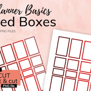 Op de afbeelding: Printbare plannerboxen in rood, oranje en roze tinten. De boxen zijn gerangschikt in een rasterpatroon en zijn klaar om te worden afgedrukt en uitgeknipt voor gebruik in een planner.