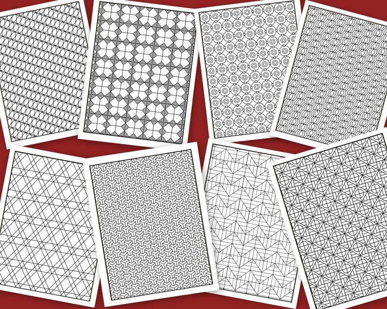 May include: Eight black and white geometric patterns on white paper. The patterns are all different and are arranged in a grid.
