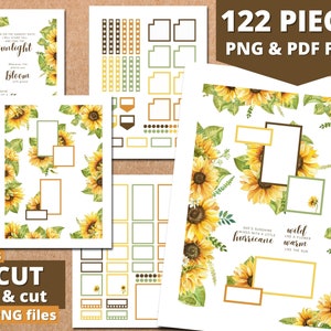 Puede incluir: Un conjunto de 122 pegatinas imprimibles para planificadores con temática de girasol. Las pegatinas incluyen girasoles, hojas y cuadros de texto de varios tamaños. El texto incluye frases como "sol mezclado con un poco de huracán" y "salvaje como una flor cálida como el sol".