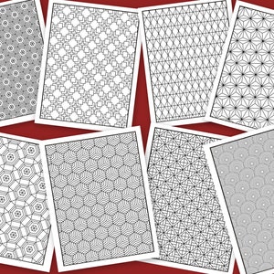 May include: Eight black and white geometric patterns on white paper. The patterns are intricate and detailed, and would be great for coloring or using as inspiration for crafts.