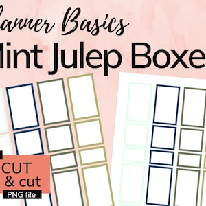 Op de afbeelding: Printbare plannerboxen in mintgroen, marineblauw en olijfgroen. De boxen zijn ontworpen voor gebruik met een Cricut-snijmachine. De tekst "Planner Basics Mint Julep Boxes" staat bovenaan de afbeelding. De tekst "includes Cricut print & cut PNG file" staat onderaan de afbeelding.