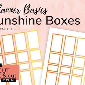May include: Printable planner boxes with a sunshine gradient design. The boxes are in a grid pattern with 12 boxes total. The boxes are white with a yellow, orange, and red gradient border. The text "Planner Basics Sunshine Boxes" is at the top of the image. The text "PDF & PNG FILES" is below the title. The text "includes CRICUT print & cut PNG file" is at the bottom of the image.