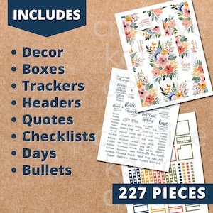 May include: A set of 227 planner stickers featuring floral designs, quotes, checklists, and boxes. The stickers are printed on white paper and have a watercolor look. The text on the stickers includes "Flowers are life", "Forecast Spring", "Love", and "Bloom with love".