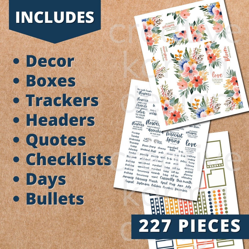 May include: A set of 227 planner stickers featuring floral designs, quotes, checklists, and boxes. The stickers are printed on white paper and have a watercolor look. The text on the stickers includes "Flowers are life", "Forecast Spring", "Love", and "Bloom with love".