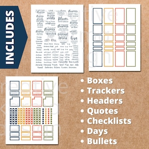 May include: A set of printable planner stickers with a floral theme. The stickers include boxes, trackers, headers, quotes, checklists, days, and bullets. The stickers are in a variety of colors, including blue, green, orange, and yellow.