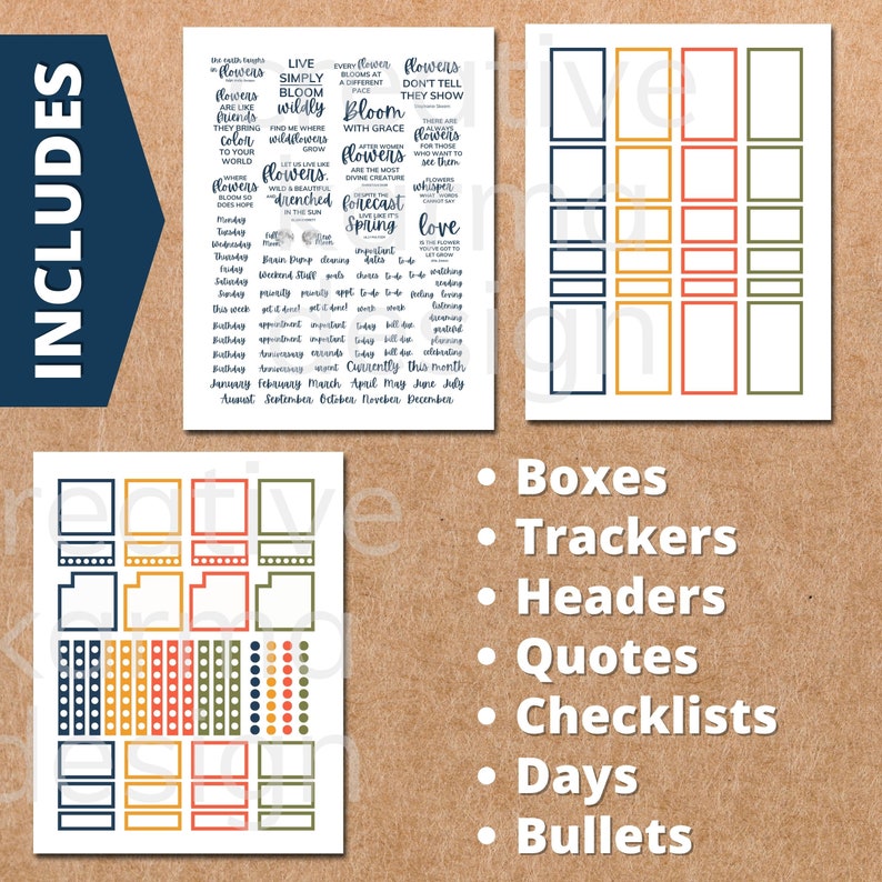 May include: A set of printable planner stickers with a floral theme. The stickers include boxes, trackers, headers, quotes, checklists, days, and bullets. The stickers are in a variety of colors, including blue, green, orange, and yellow.