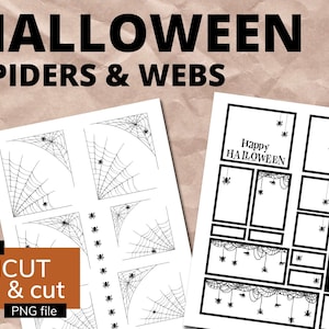May include: Printable Halloween spider and web design for Cricut print and cut. The design includes a variety of spider webs and spiders in black and white.