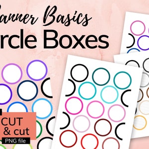 Puede incluir: Pegatinas de planificador imprimibles con cajas circulares en varios colores y patrones. El texto "Planner Basics Circle Boxes" está en la parte superior de la imagen. El texto "includes Cricut print & cut PNG file" está en la parte inferior de la imagen.