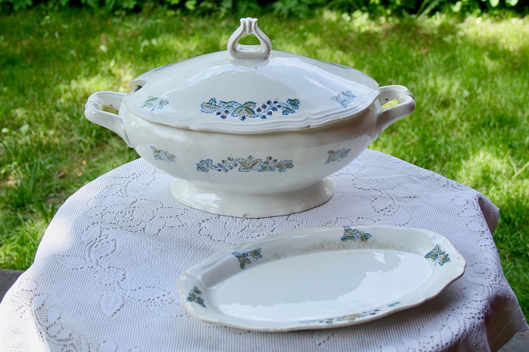 RARE Antique Riga Porcelain Soup Terrine With Serving Plate, Vintage