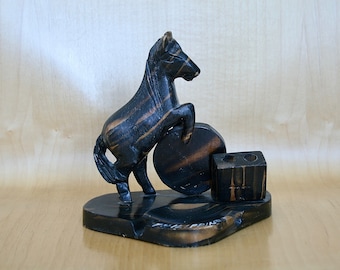 Philippines wooden hand carved horse ashtray and pen holder, vintage office desk decor, collectible horse figurine, father's day gift