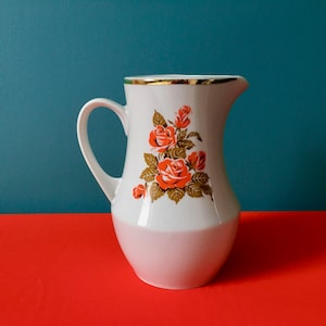 Riga Porcelain milk jug, vintage 70&#39;s pitcher, 1L vintage jug with red roses by RPF, RPR