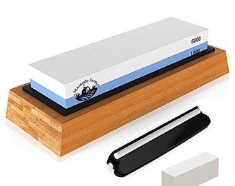Whetstone Knife Sharpening Stone  2 Sided Professional Waterstone Kit + Accessories  1000/6000 Grit  Nonslip Bamboo Base Ceramic Angle Guide