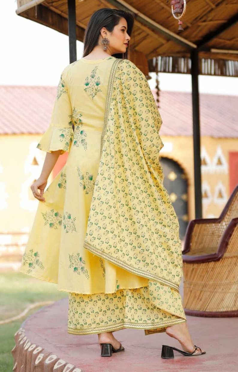 Women Indian Ethnic Palazzo Kurta Yellow Dupatta Block Print Kurta Pajama Combo