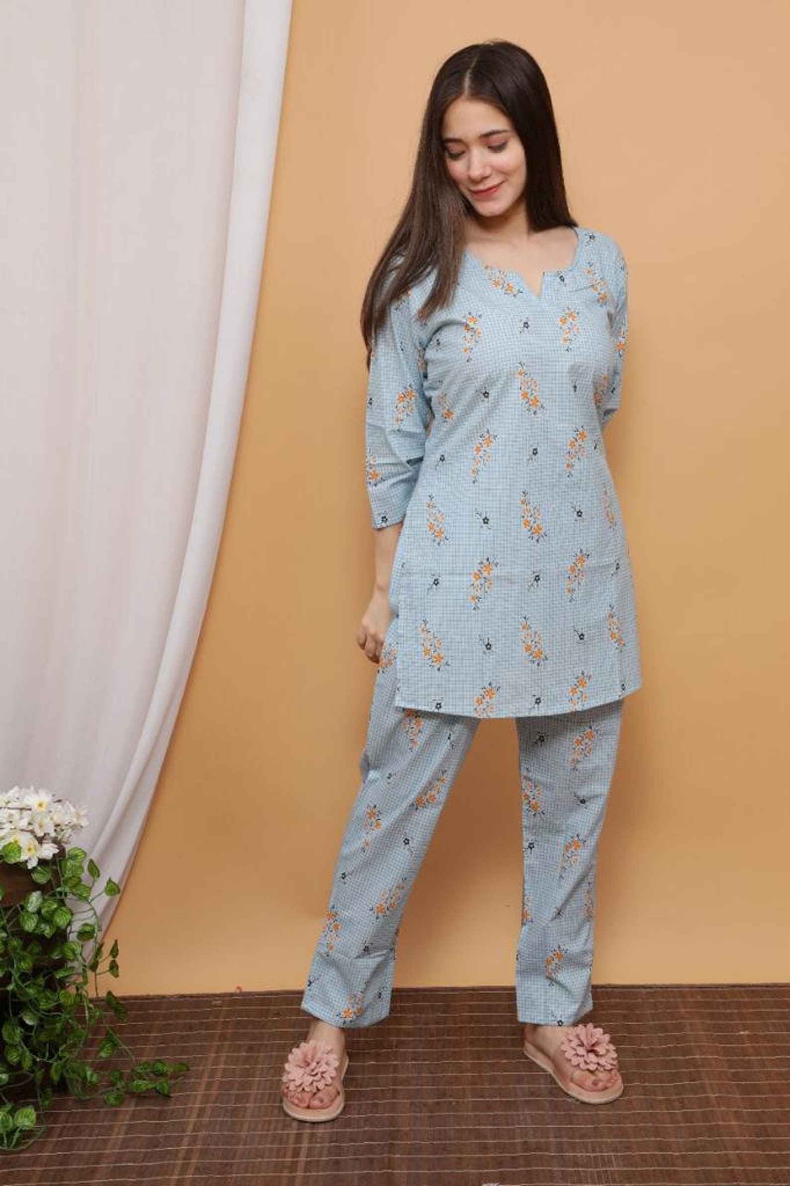Women Indian Nightwear Kurti Top Pant Night Suit Fully Etsy
