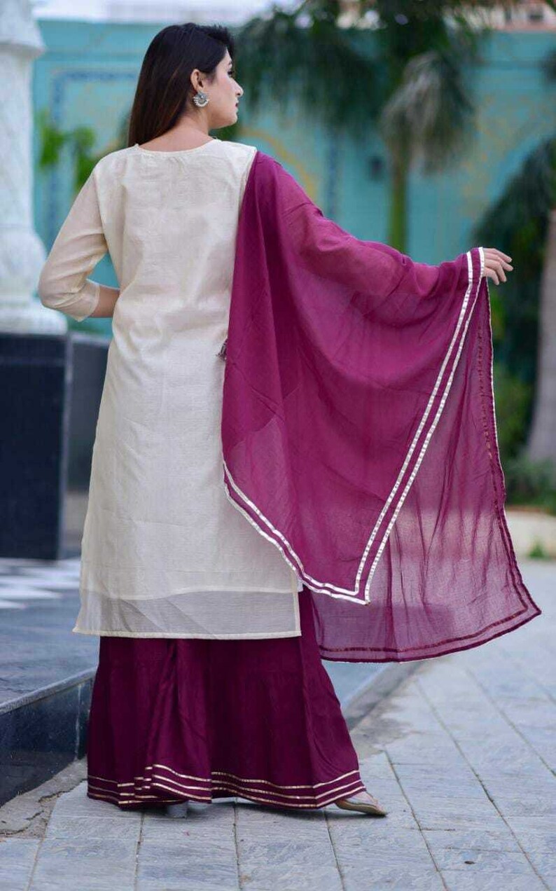Women Indian Ethnic Sharara Kurta Chanderi Dupatta Readymade Palazzo Kurta Dress Maroon-White Kurti