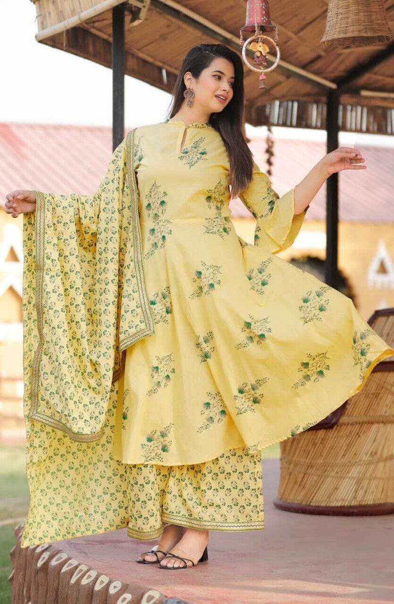 Women Indian Ethnic Palazzo Kurta Yellow Dupatta Block Print Kurta Pajama Combo