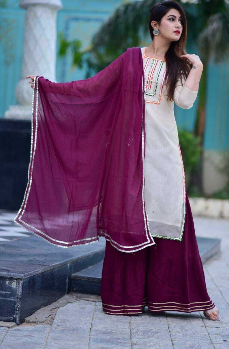 Women Indian Ethnic Sharara Kurta Chanderi Dupatta Readymade Palazzo Kurta Dress Maroon-White Kurti