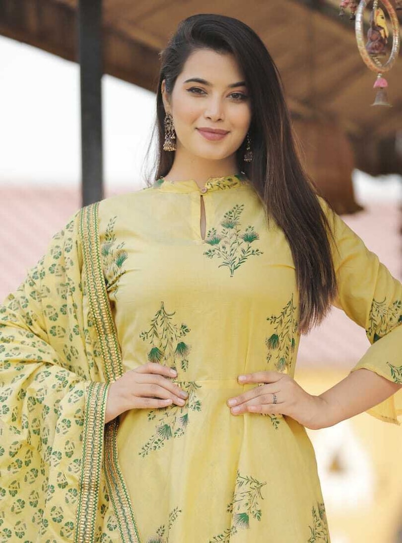 Women Indian Ethnic Palazzo Kurta Yellow Dupatta Block Print Kurta Pajama Combo