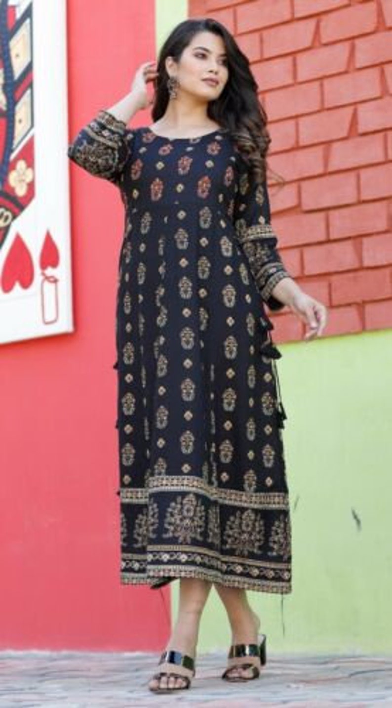 Women Black Anarkali Kurta Kurti Bollywood Style Flared Gown Pakistani Suit New