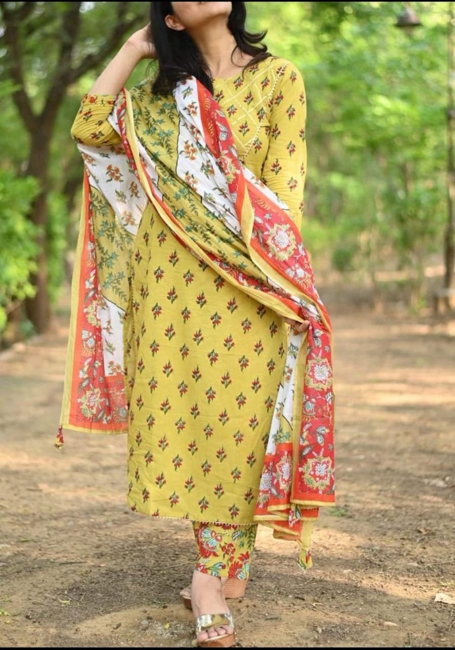 Women Straight Yellow Kurta Kurti Pant Designer Malmal Dupatta Etsy