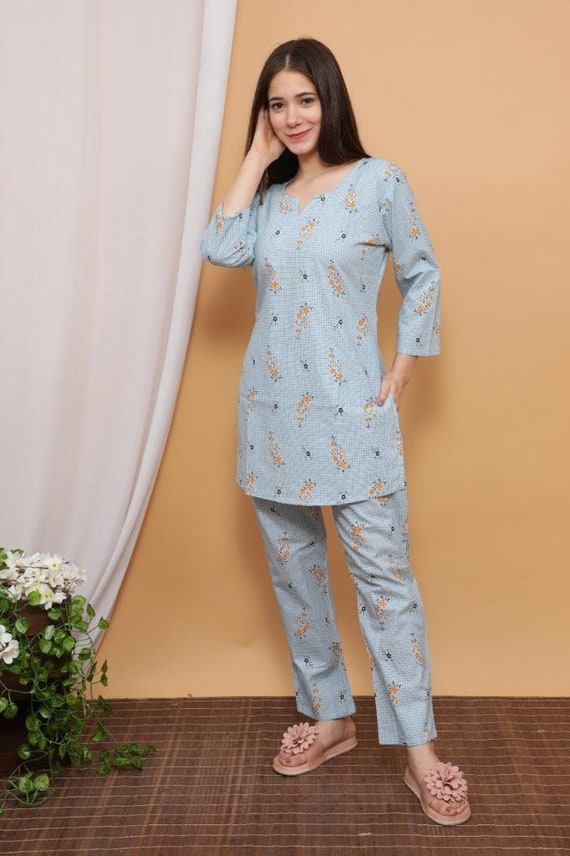 Women Indian Nightwear Kurti Top Pant Night Suit Fully Etsy