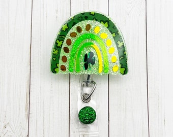 Boho Rainbow Badge Reel | St. Patrick's Day | Holiday Badge Reel | 4 Leaf Clover | Cute Badge Reel | Glitter Badge Reel | Green Badge Reel