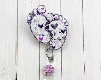 Purple Hearts Baby Feet Badge Reel | Postpartum Badge Reel | Maternity | Mother Baby | L&D | NICU | Glitter Badge Reel | Cute Badge Reel