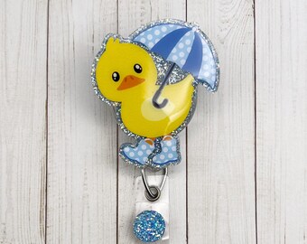 Rainy Day Duck Badge Reel | Spring Badge Reel | Glitter Badge Reel
