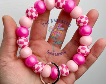 Pink Checkered Keychain Wristlet | Silicone Bead Wristlet | Bracelet Keychain | Beaded Keychain | Valentine’s Day | Birthday Gift
