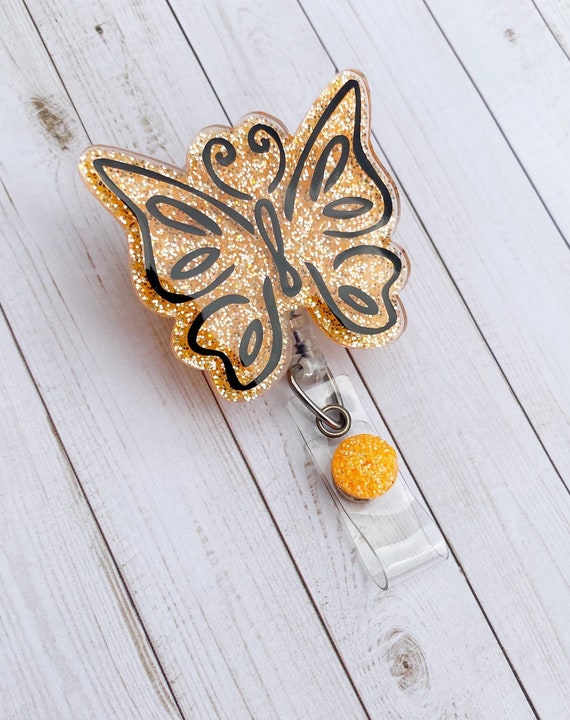 Butterfly Badge Reel Cute Badge Reel Orange Badge Reel Glitter