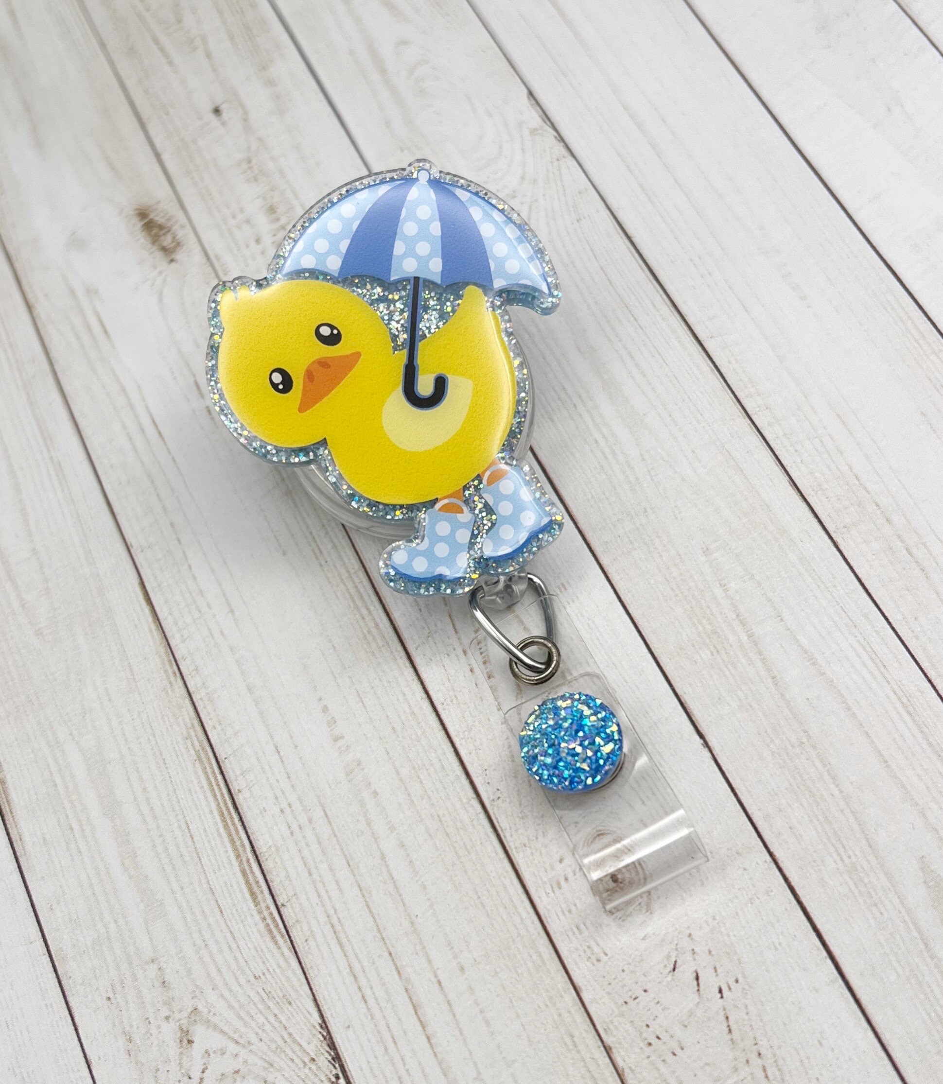 Rainy Day Duck Badge Reel | Spring Badge Reel | Glitter Badge Reel
