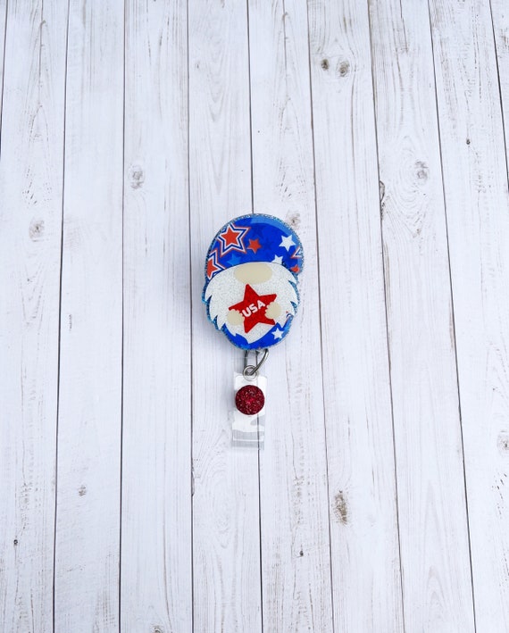 Patriotic Gnome Badge Reel Holiday Badge Reel Glitter Badge Reel