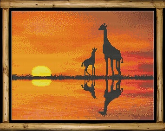 Giraffe sunset cross stitch pattern, PDF digital download, counted cross stitch, adult cross stitch, birthday gift, sewing, giraffe