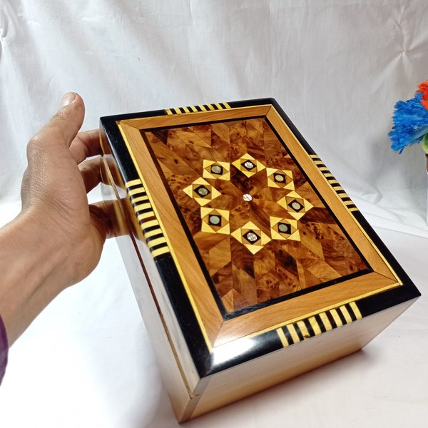 Wooden Jewellery Box, 8"  Inlaid With-Mother-Of-Pearl,Large Wood Ring Box,Jewelry Organizer box, Decorative Box,Handmade Morocco,Lock Box