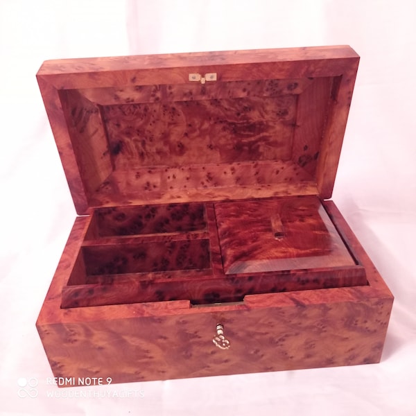 Wooden box thuya Jewelry Box Made Thuya Burl,Lockable Wooden Chest Box With Two Storag box Large handmade Organizer Box,Decorative Lock Box