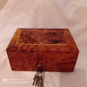 Wooden Jewelry Box 9.6&quot;X6&quot;X4&quot; Thuya Burl,Lockable Wooden Chest Box With Two Storage Level,Large Jewelry Organizer Box,Decorative Lock Box