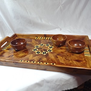 Big Tray & 3 bowls  made of thuya wood burl and lemon and Inlaid With-Mother-Of-Pearl, Hand-Carved bedt gift thuya wooden tray  Rectangular