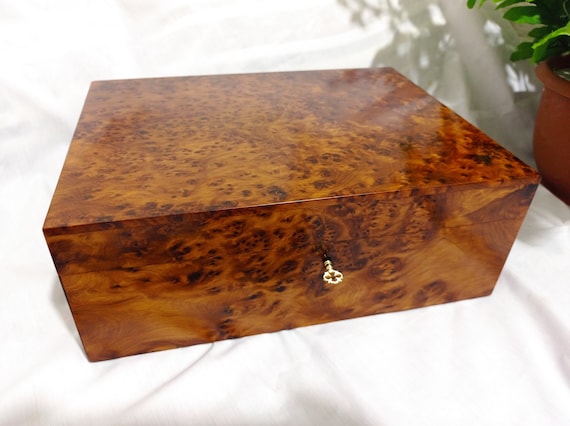 Handmade Moroccan Thuya Burl Wood Box, Jewellery Storage with Lock