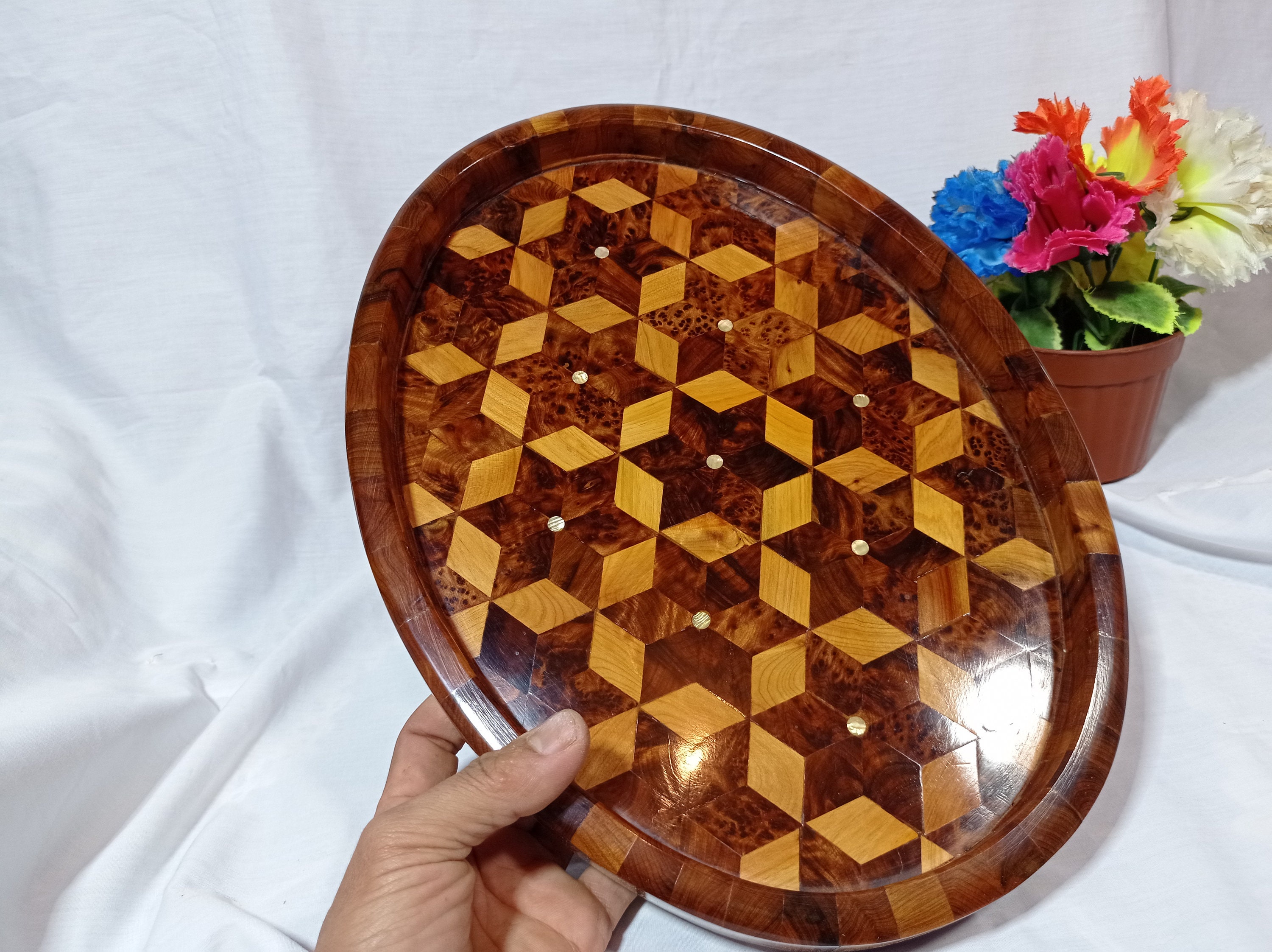 shape tray oval handmade in Morocco Wooden thuya tray with 2 pieces bowls 