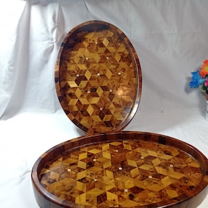 Two trays, Vintage Burl Wood Hand Carved Oval Trays made of thuya burl wood & mother , handmade Morocco 14&quot;/10&quot;/1.5&quot;  best gifts amazing