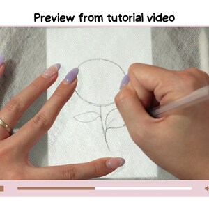 May include: A hand draws a simple flower with a pencil on a white surface. The flower has a circle for the center and two leaves. The hand is wearing a ring on the index finger.