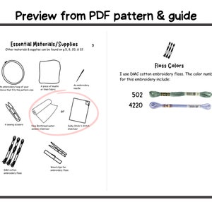 May include: A guide for embroidery projects, listing essential materials and supplies, including an embroidery hoop, fabric, needle, scissors, DMC cotton embroidery floss, and a wood clip. The guide also includes floss colors, DMC 502 and 4220.